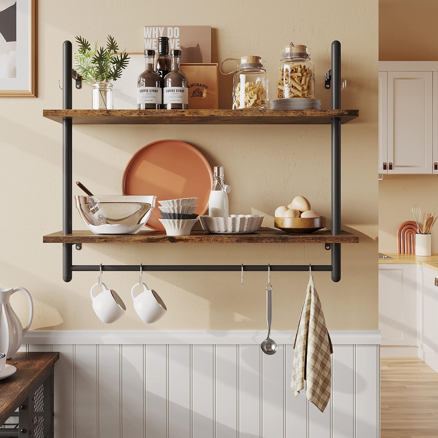 Bestier 31 Inch Industrial Pipe Wall Shelf with Towel Bar, Rustic Brown