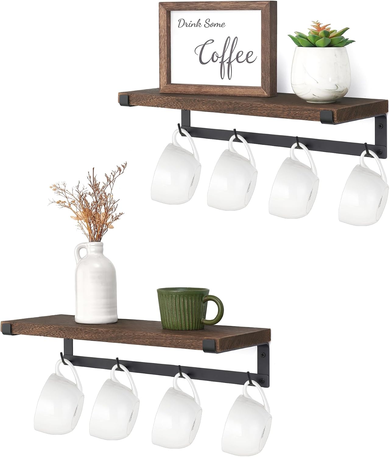 Dahey Wall Mount Coffee Mug Holder with Hooks, 2 Pack, Wood, Brown