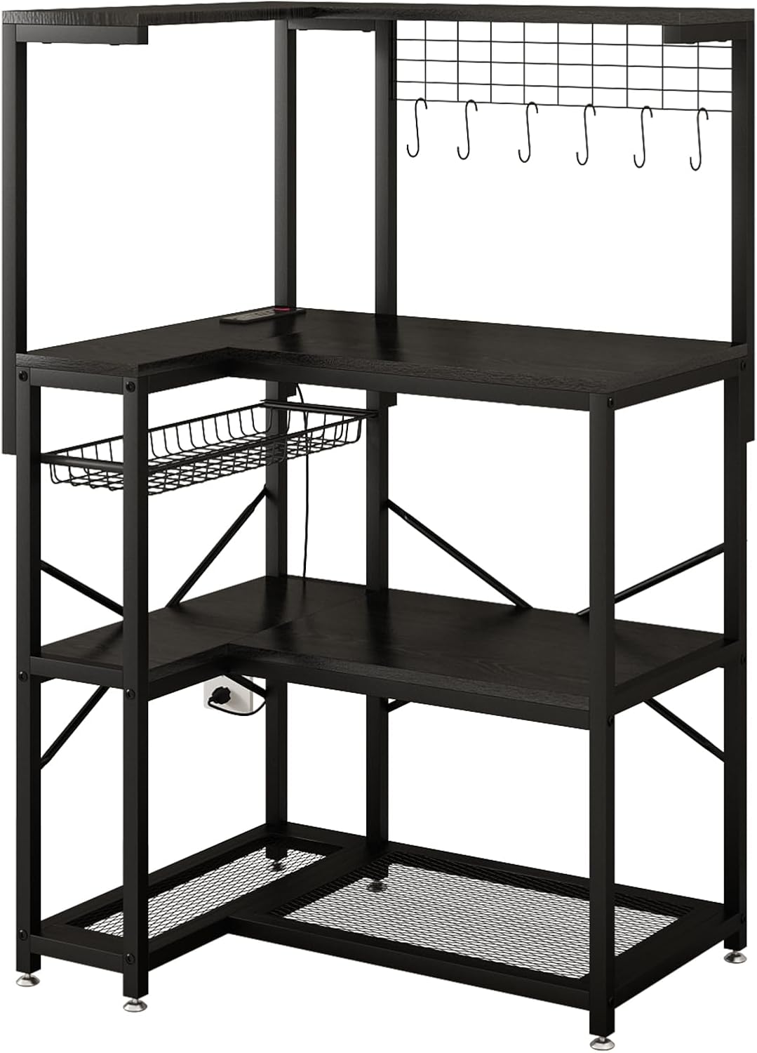 4-Tier L-Shaped Baker's Rack with Power Outlet, Corner Coffee Bar, Black