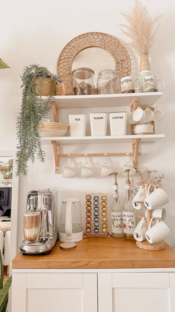 Boho-styled coffee station with woven textures and natural materials