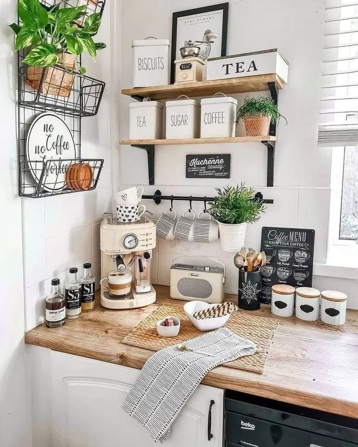 Floating shelf coffee station designed for a small kitchen space