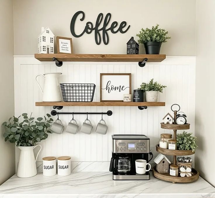 Stylish home coffee bar setup transformed into a cozy cafe-style nook