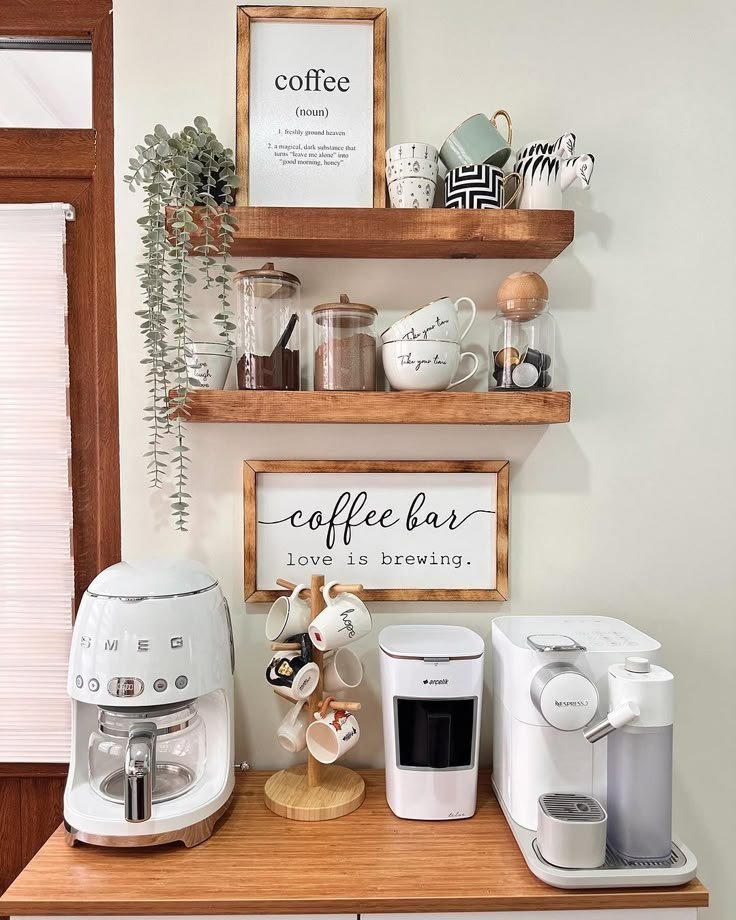 Coffee station placed near natural light for a bright, functional setup