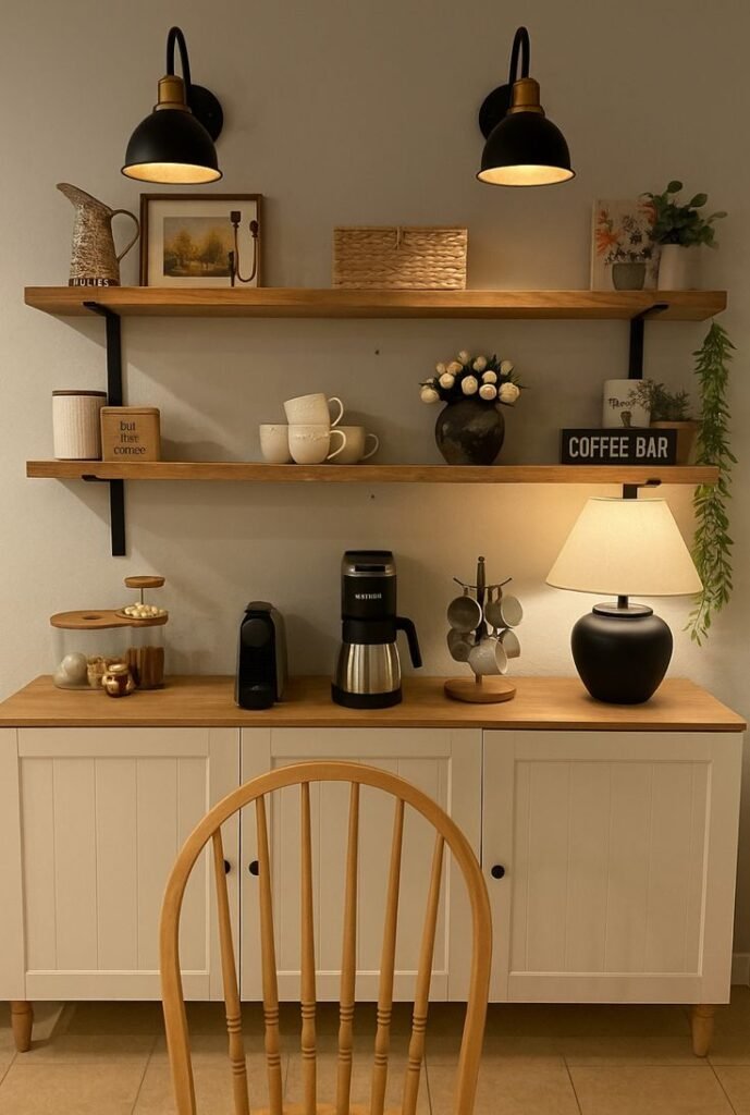 Coffee station fitted into a corner near a kitchen outlet and sink