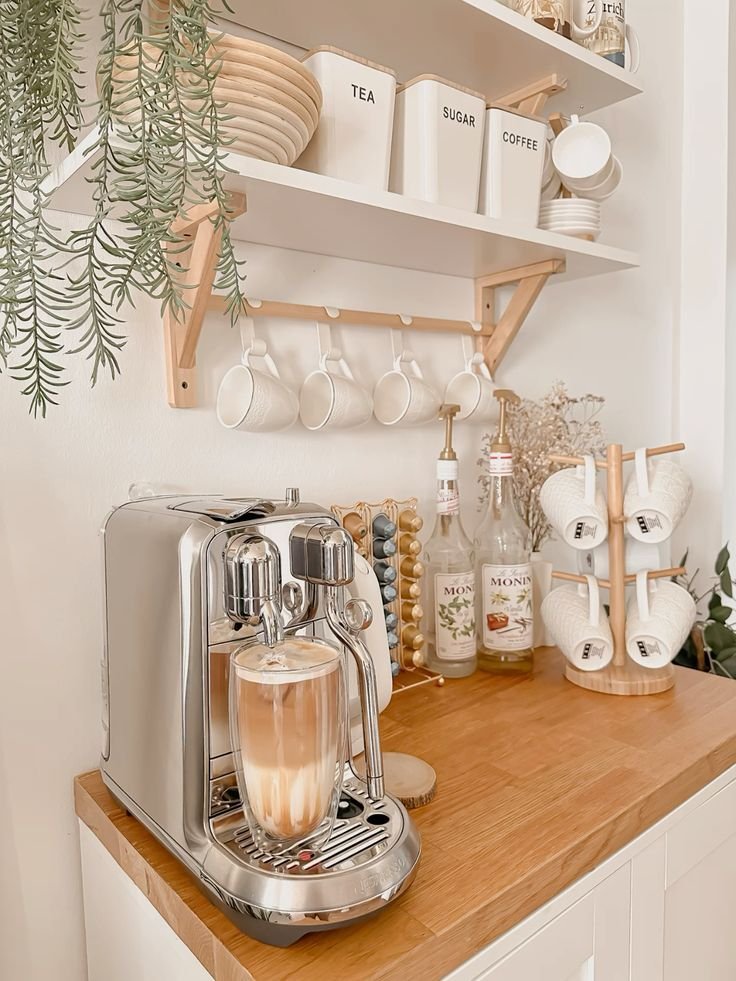 Neutral-toned coffee station with timeless, cohesive styling