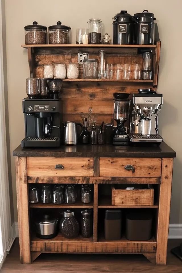 Rustic wood coffee station with warm, cozy cabin-like details
