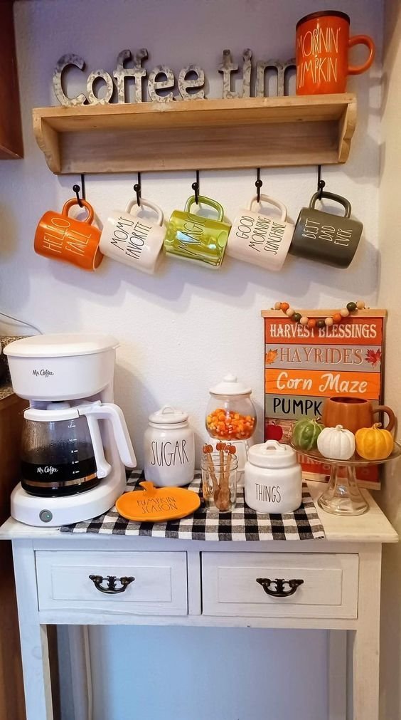 Coffee station styled with easy-to-refresh seasonal accents