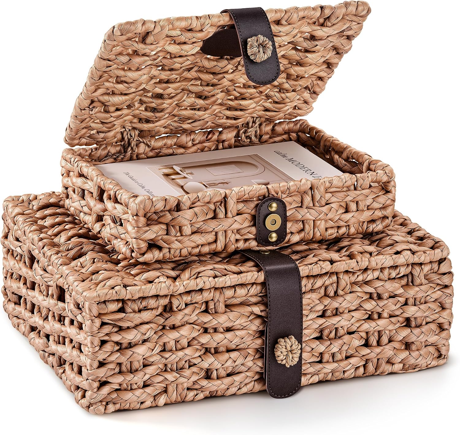 JARLINK Decorative Box with Lid, Handwoven Water Hyacinth Wicker Woven Box
