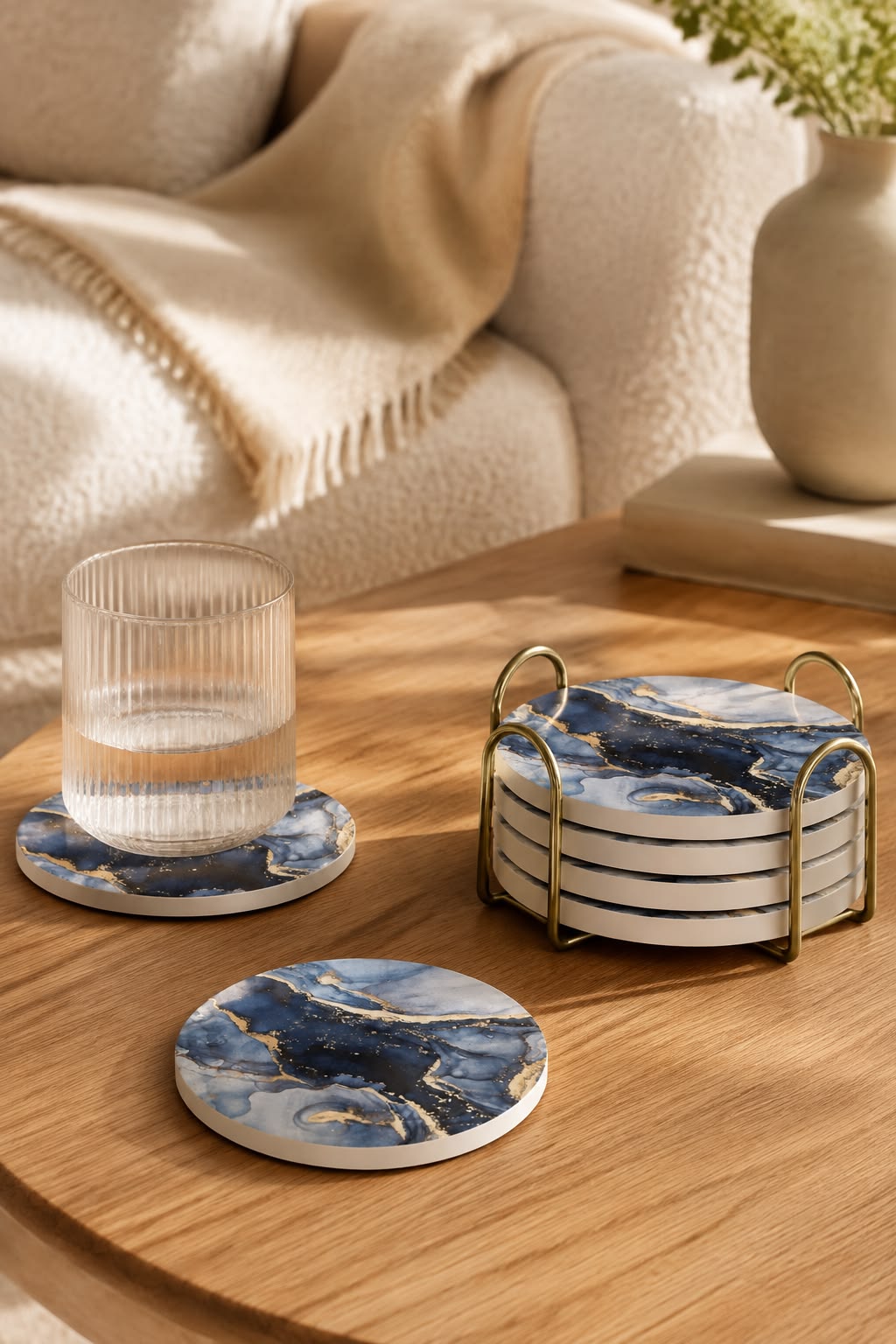 Navy marble coasters styled as part of a coffee table arrangement