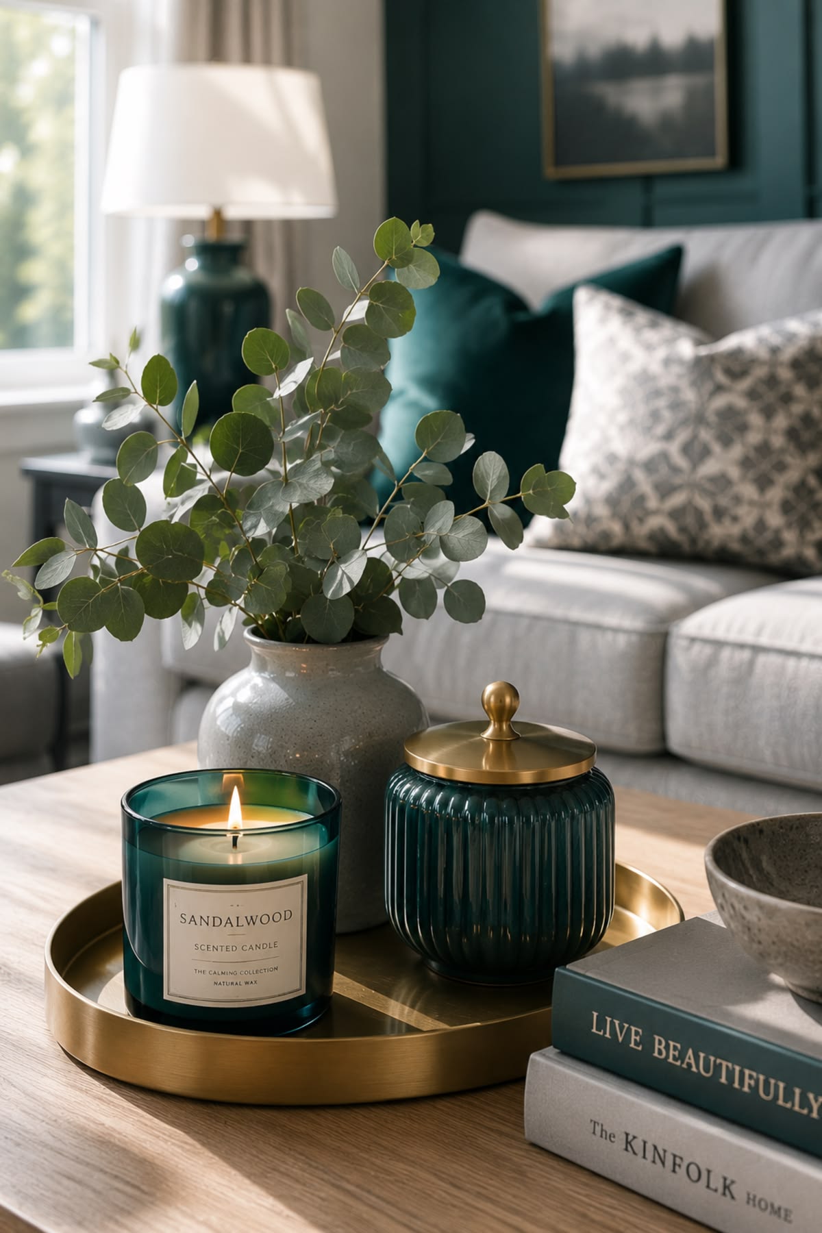 Teal glass lidded jar styled beside a candle and vase on a gold tray