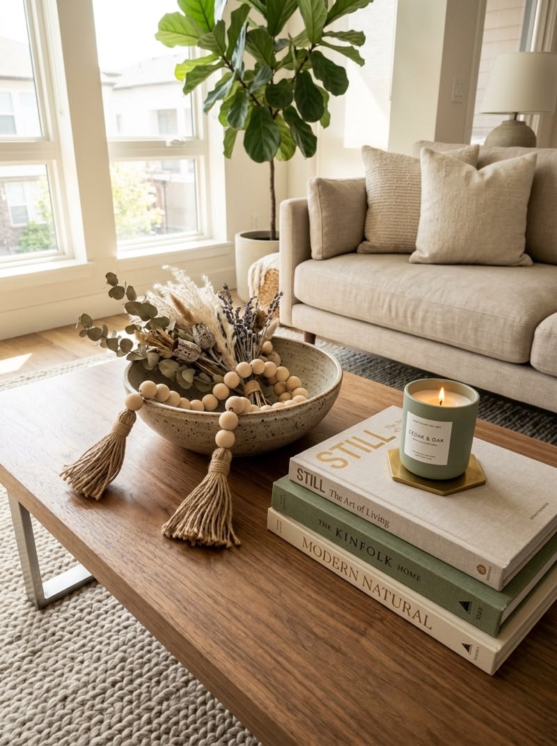 Large speckled ceramic bowl with dried florals as the focal point on a coffee table