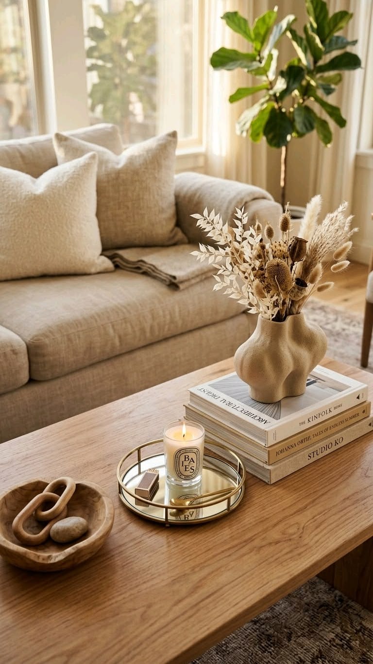 Coffee table styled with a mirrored tray, candle, book stack and a vase of dried florals