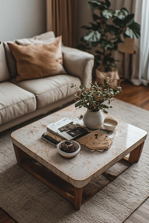 Magazines styled on a marble-top coffee table beside small bowls and a vase