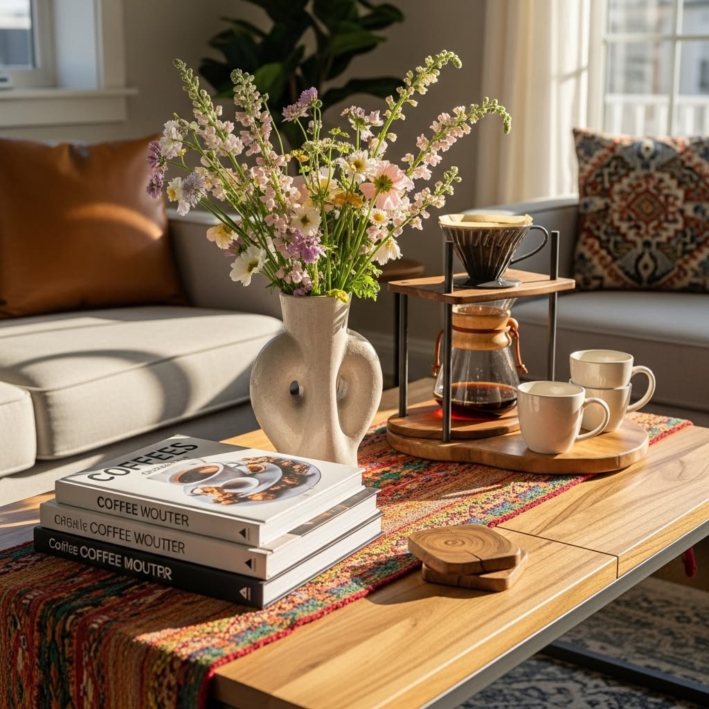 Coffee table divided into a flower vase zone, a coffee station zone and a book stack zone
