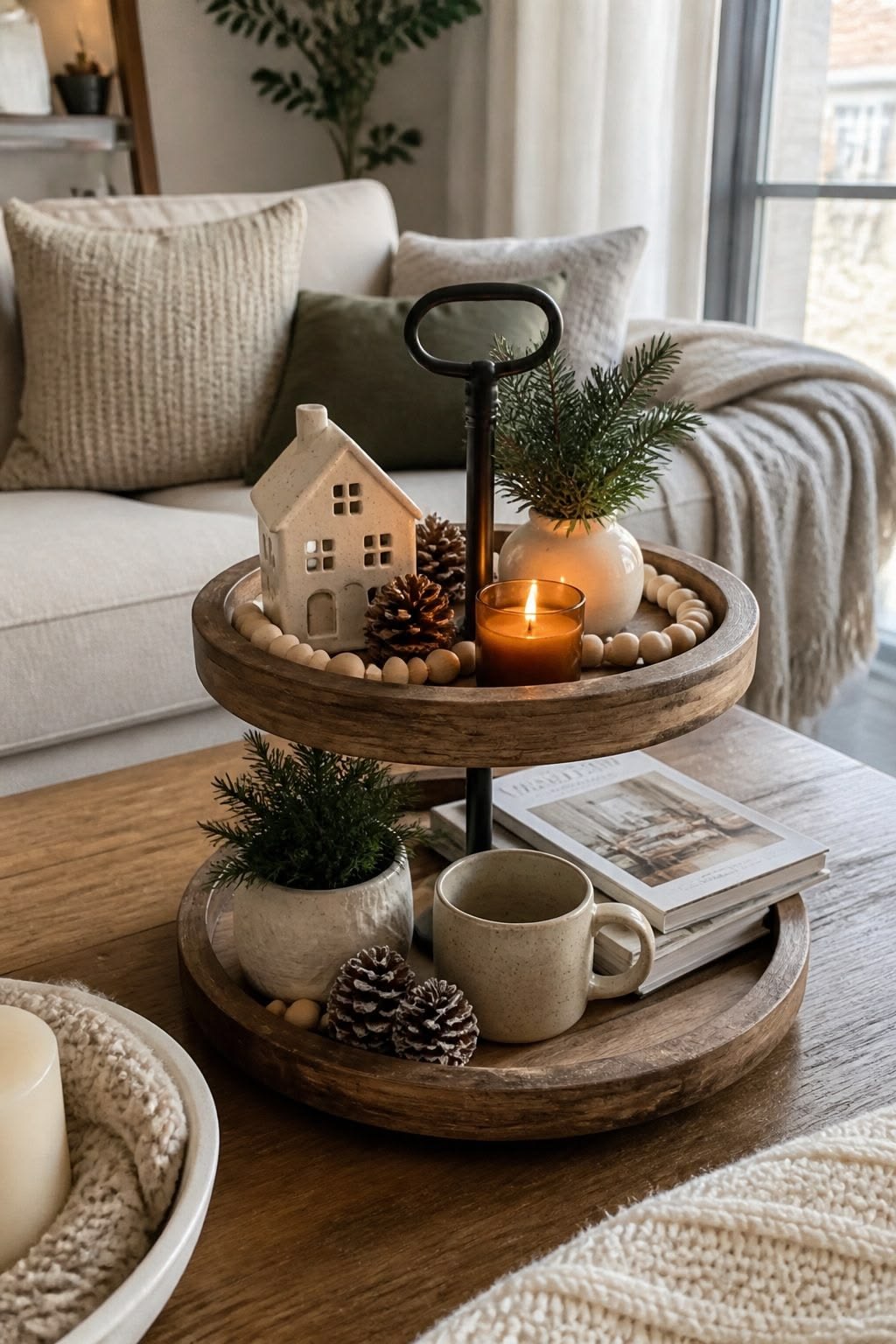 Two-tier tray styled with candles and small decor on a coffee table