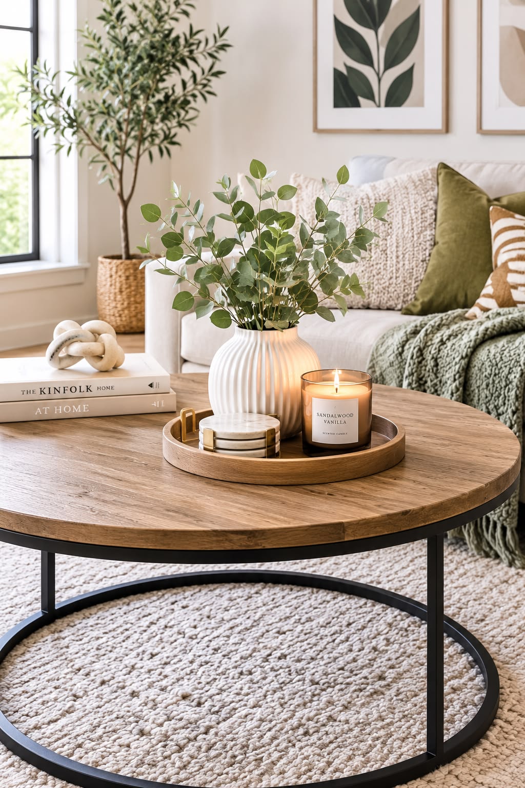 Round coffee table with a wood tray holding a candle, coasters and a decorative object