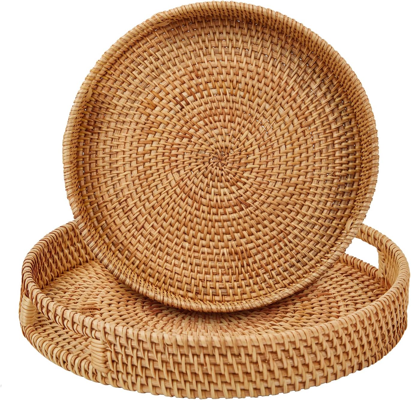 Round Rattan Serving Trays with Handles, Hand Woven, 2 Pack