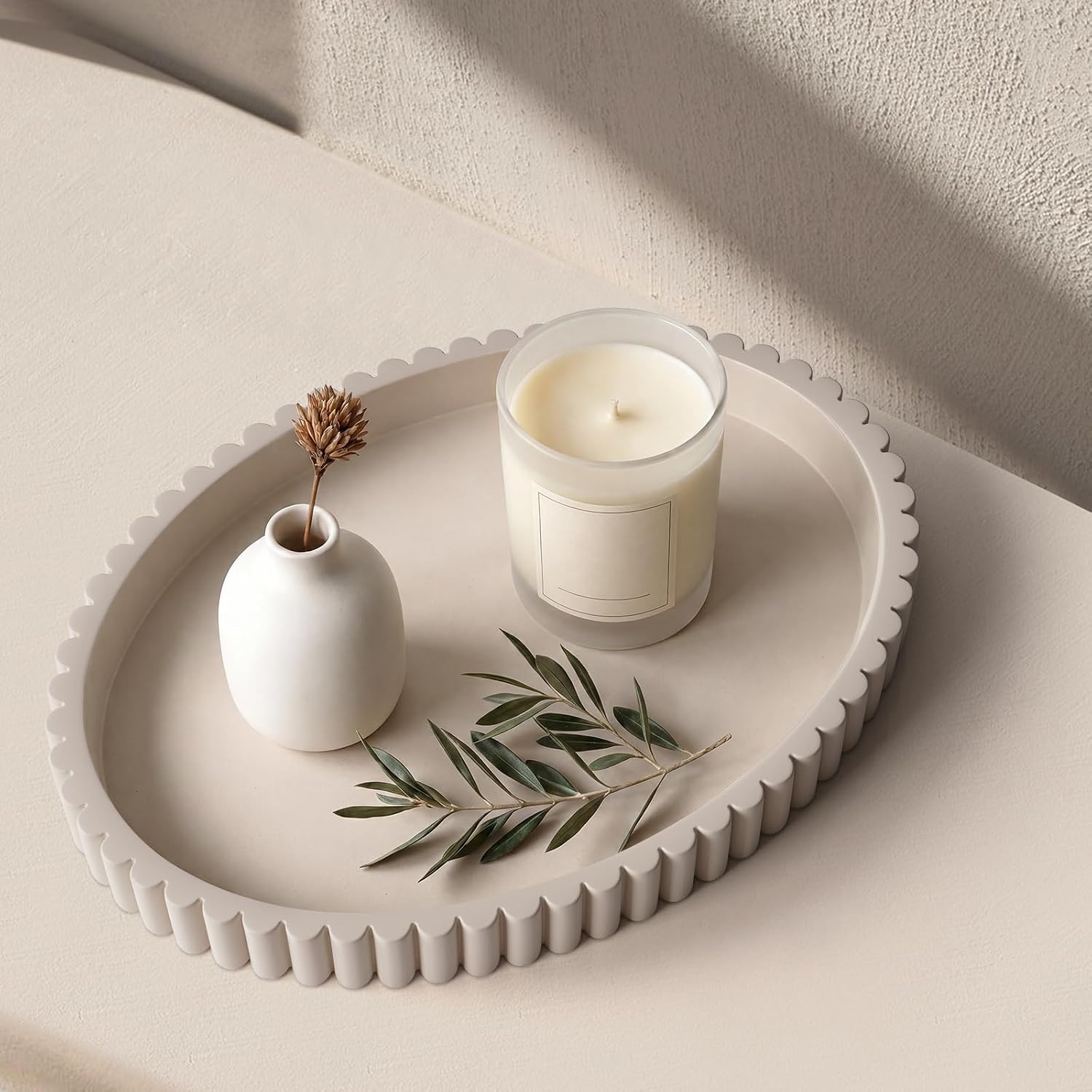 Oval Concrete Coffee Table Tray, 13 Inch, Cream Gray