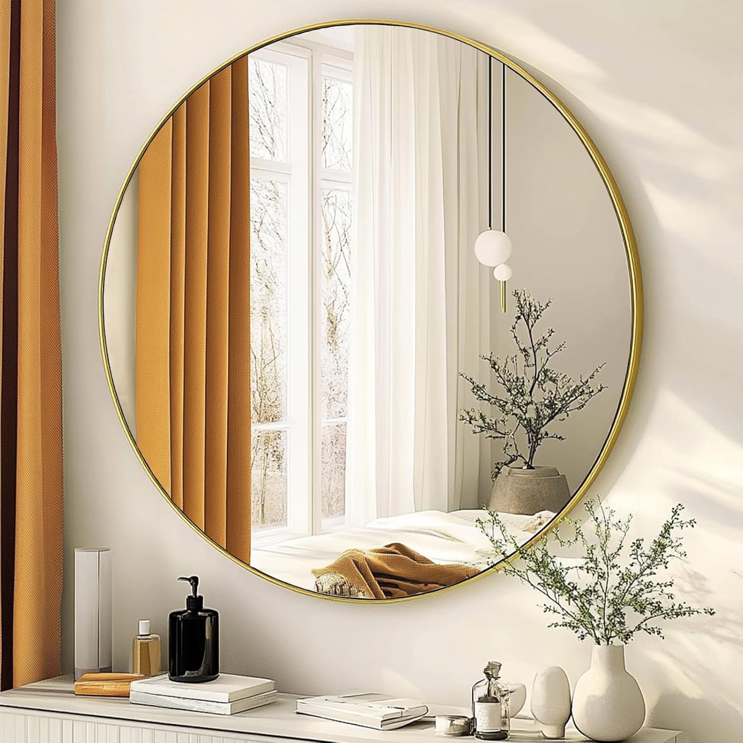 30 Inch Round Gold Mirror, Brushed Gold Metal Frame