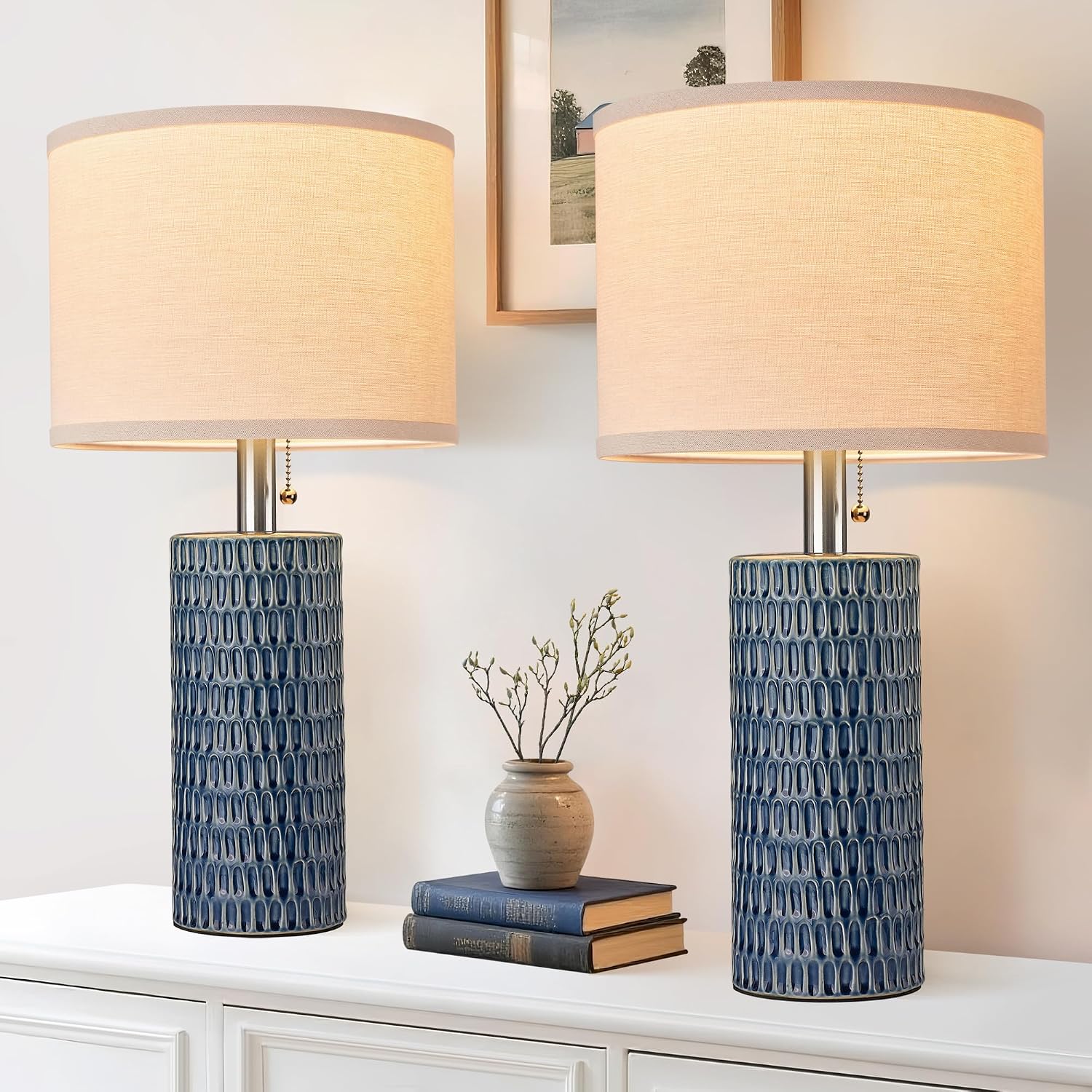Reaketon 20.5 Inch Modern Ceramic Table Lamps, Set of 2, Dark Blue