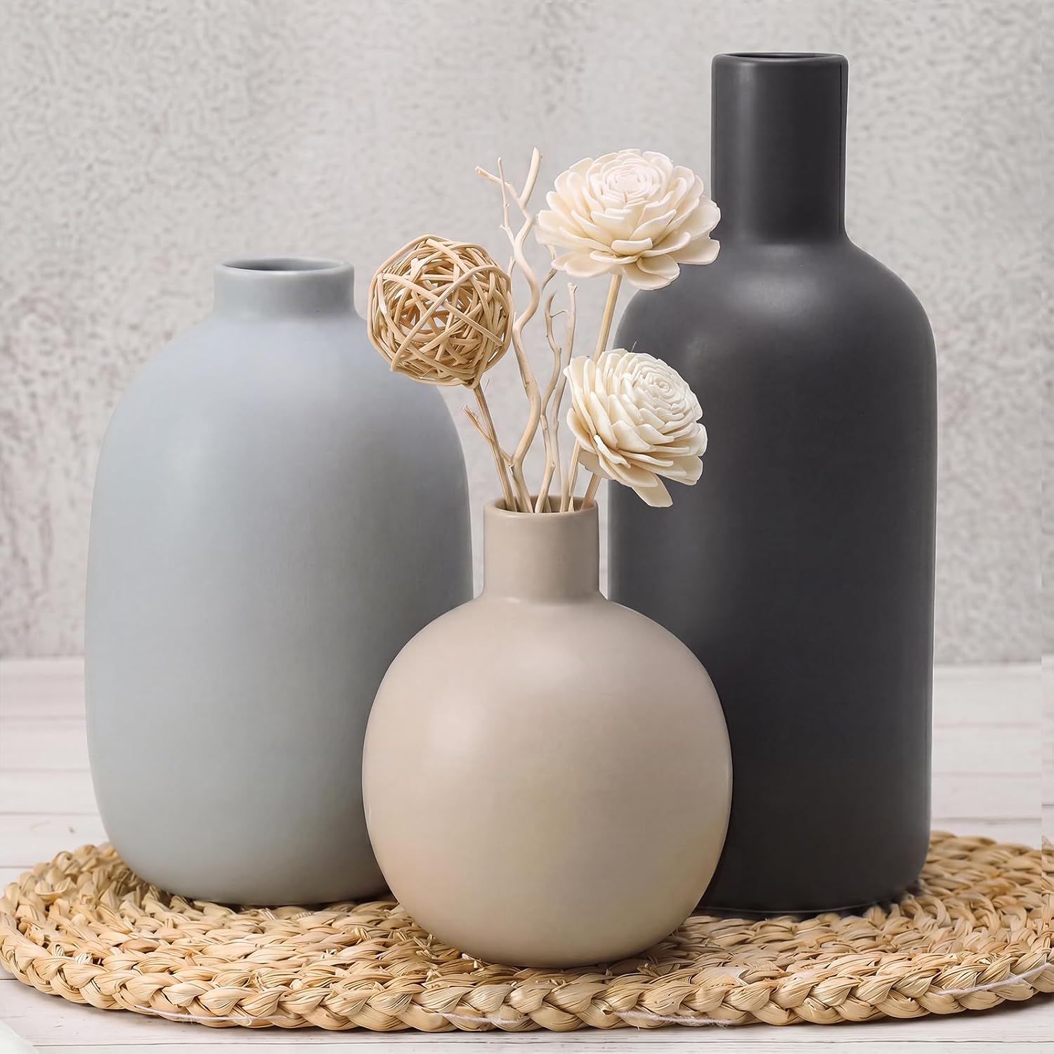 Large Neutral Ceramic Vase Set of 3