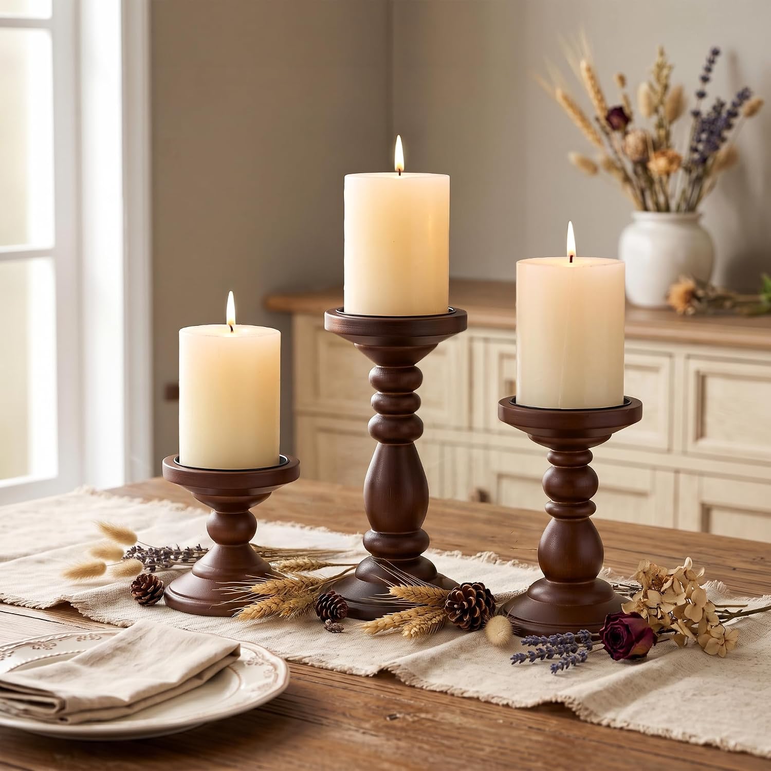 Mid-Century Modern Wood Pillar Candle Holder, Brown