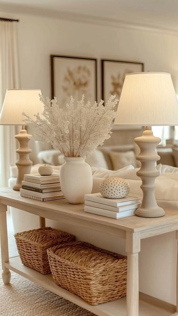 Console table styled with a warm table lamp for ambient lighting