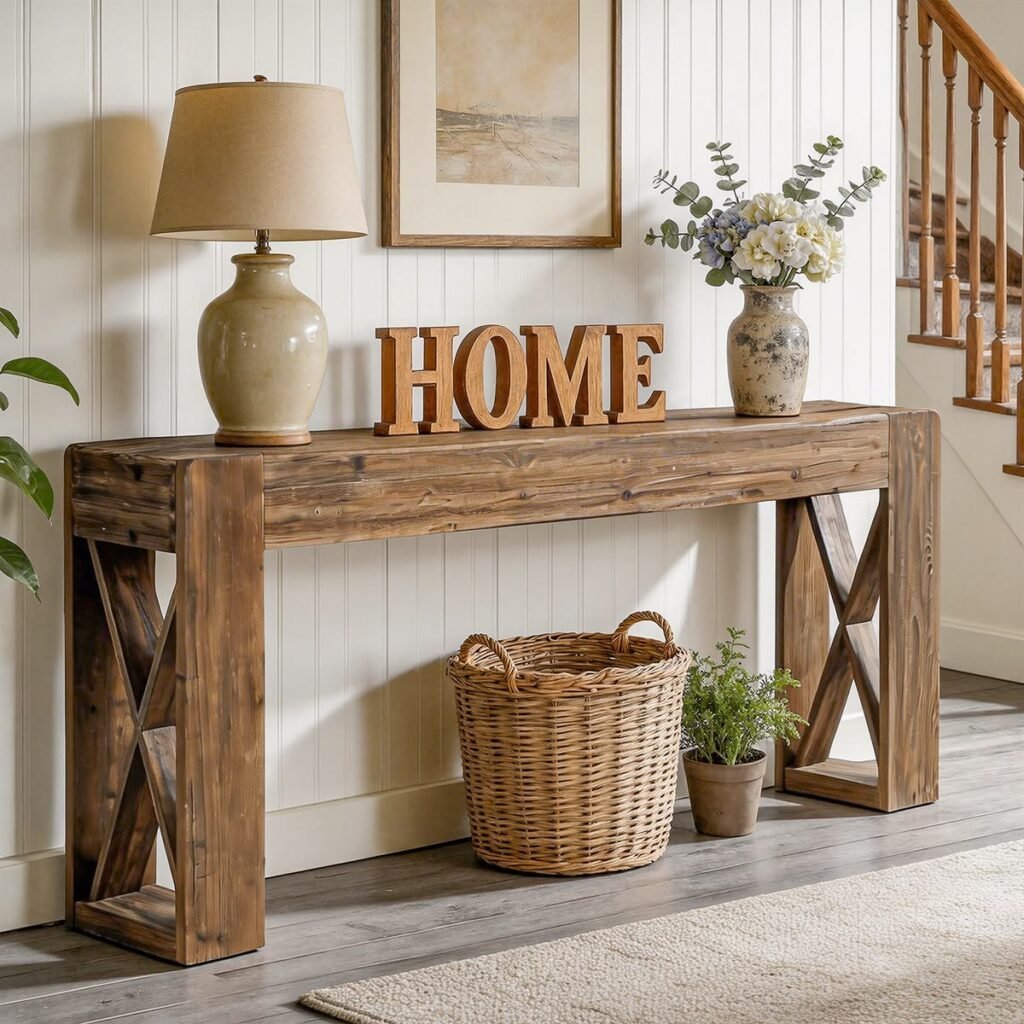 Personal decorative objects and mementos styled on a console table