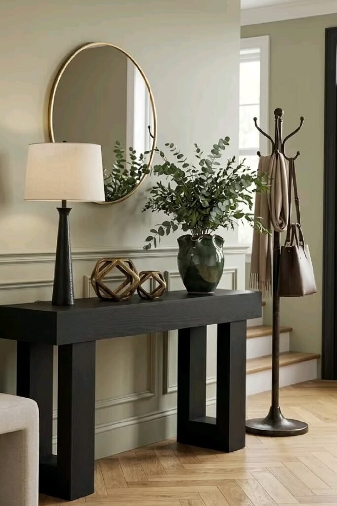 Large statement mirror hung above a styled console table