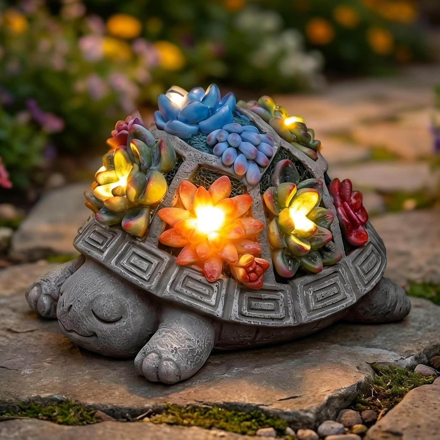 Solar Turtle Garden Statue with 7 Succulent LED Lights