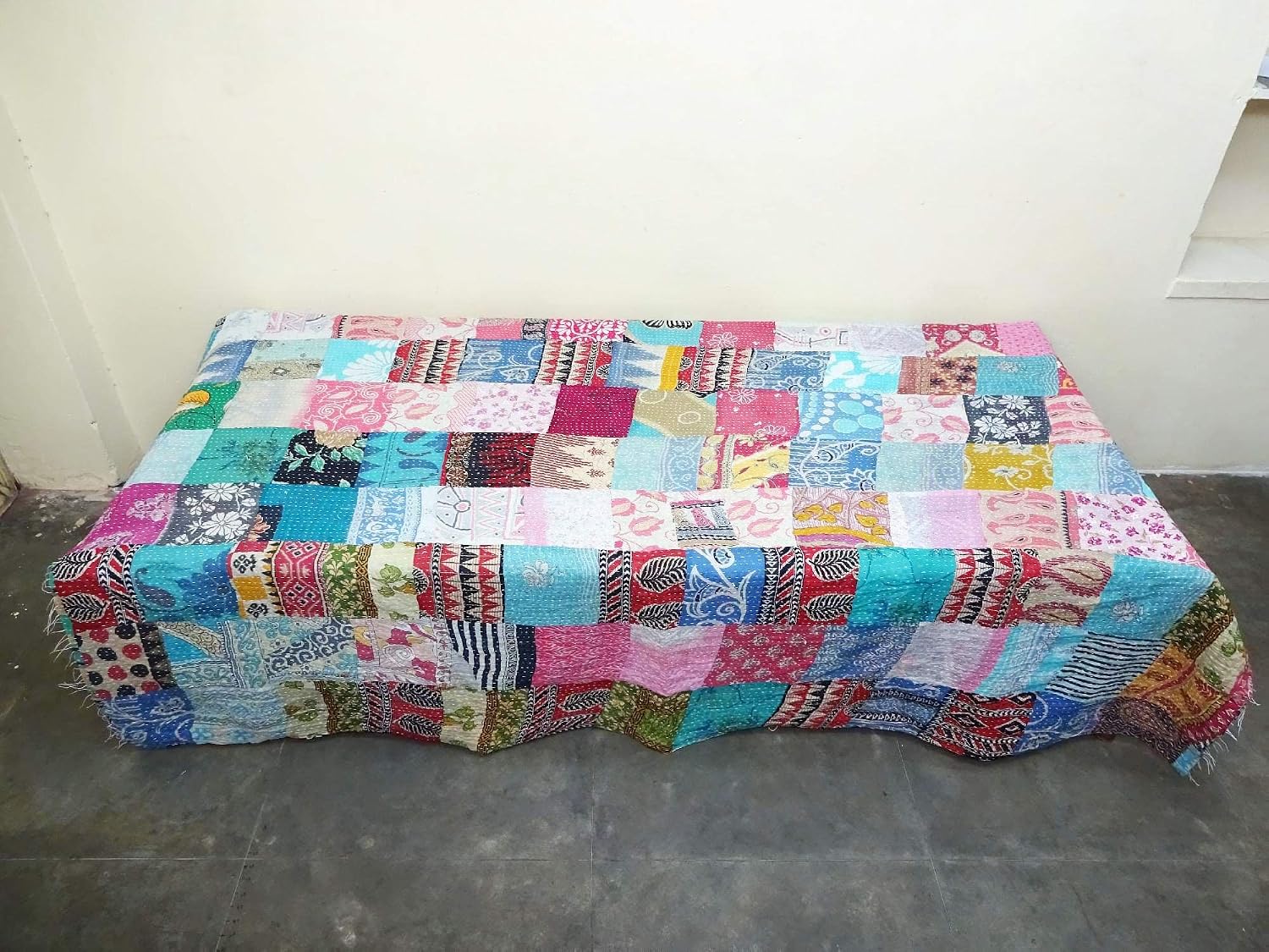Patchwork Kantha Quilt, Handmade Cotton Bedspread, Reversible Throw