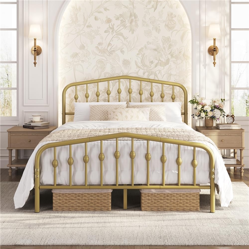 Yaheetech Queen Metal Bed Frame, Victorian Vintage Headboard, Antique Gold
