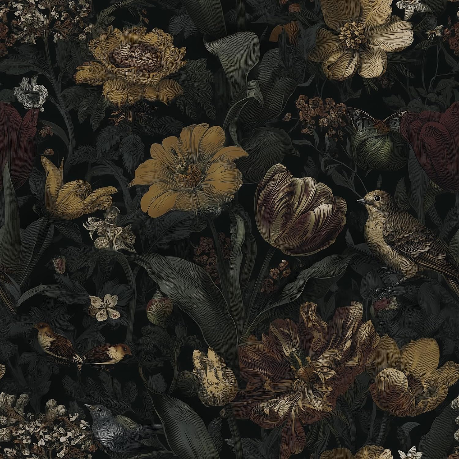 Ismoon Vintage Floral Peel and Stick Wallpaper, Dark Black