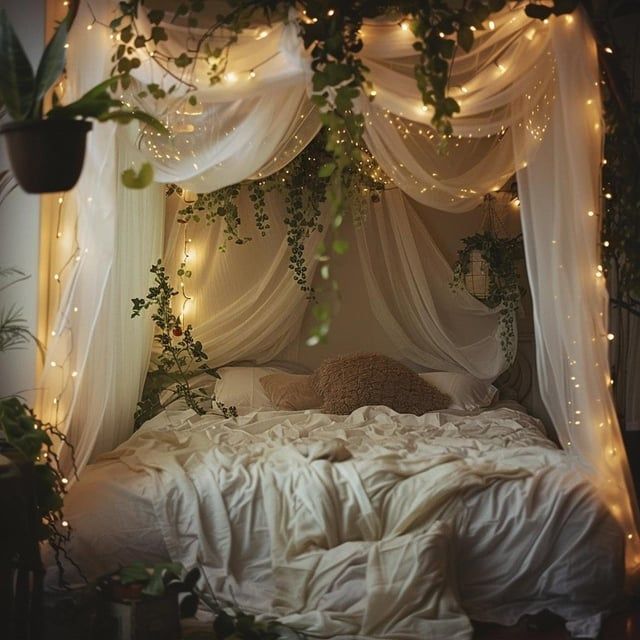 Cottagecore canopy bed draped with sheer fabric and warm fairy lights