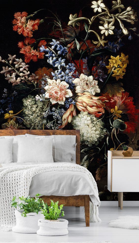Dark vintage floral mural on a statement wall in a cottagecore bedroom