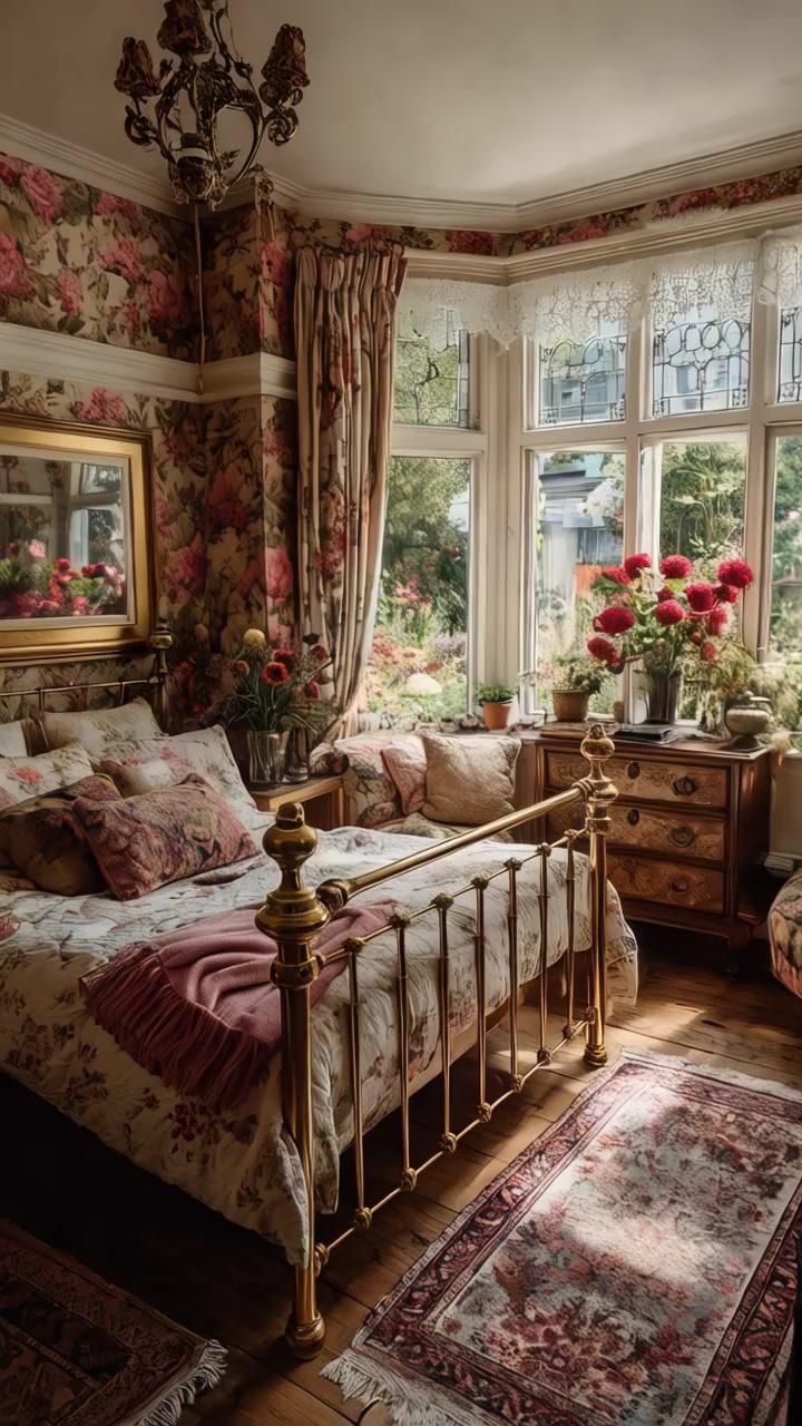 Ornate brass bed frame in a Victorian-style cottagecore bedroom with a garden view