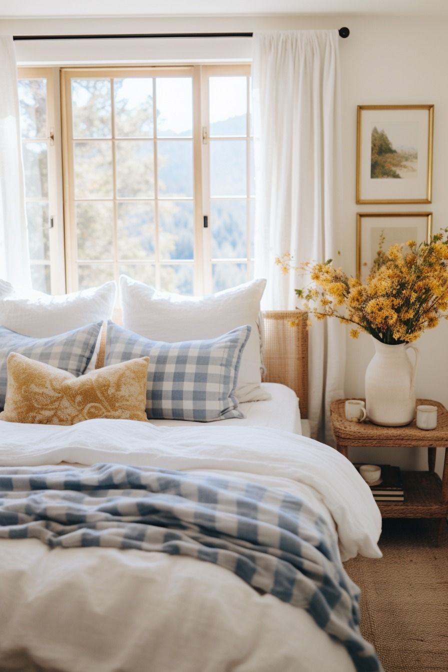 Wicker nightstand with a pitcher of yellow flowers beside a bed with blue gingham pillows and a check throw