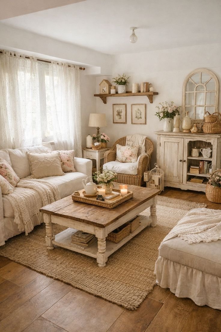 Cottage living room with linen sofas, a wicker armchair, lace curtains, dried florals and a rustic wood coffee table