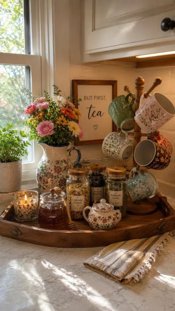 Kitchen counter tea station with hanging floral mugs, glass tins of loose leaf tea, honey, a vintage teapot and fresh flowers