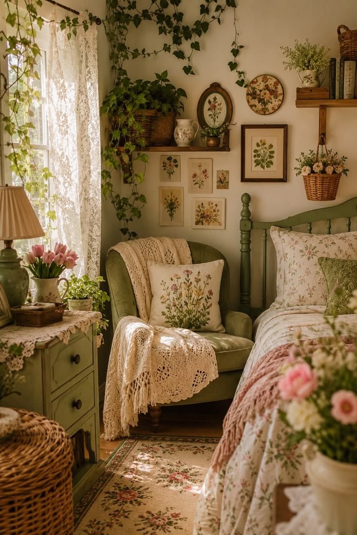 Cottage bedroom with green-painted furniture, sheer lace curtains, trailing ivy and a gallery of botanical prints above a floral bed