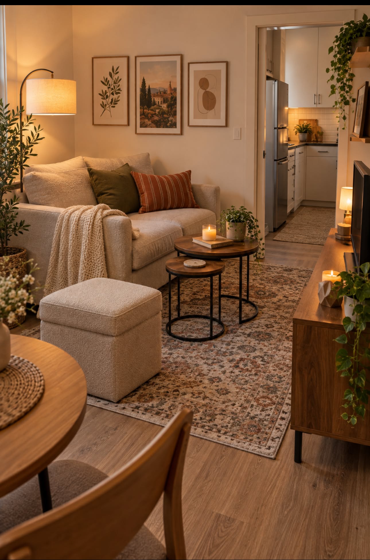 Small apartment living room with a cream sofa, storage ottoman, nesting wood tables, a vintage rug and warm lamp light