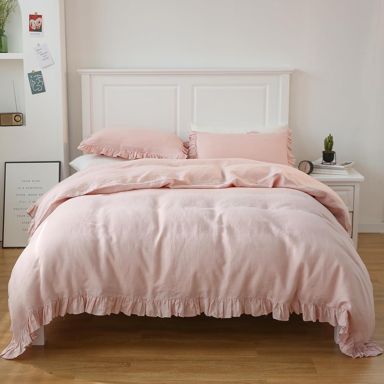 Simple&Opulence 100% Linen Duvet Cover Set, 3 PCS Natural French Flax Blush Pink Ruffle Duvet Cover Full Size, Breathable Comfy Linen Bedding Comforter Cover with 2 Pillowcases (Blush Pink, 78"X86")