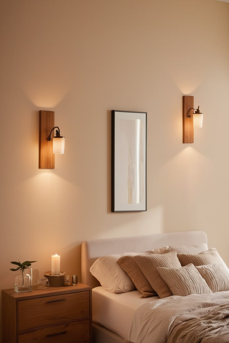 Warm wall sconces styled beside the bed