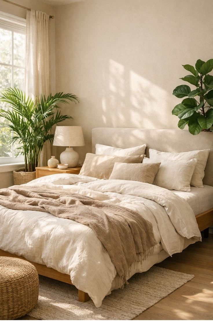 Beige bedroom styled with soft greenery