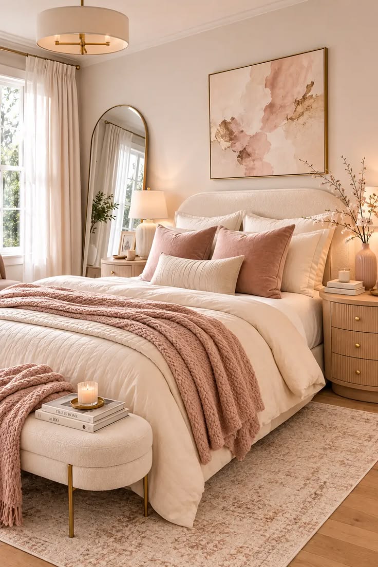 Bedroom styled with soft blush pink accents