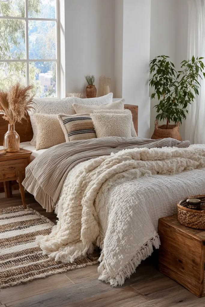 Bed layered with a textured runner and bedding