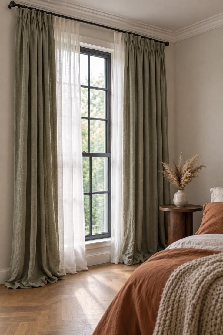 Sage green bedroom with sheer curtains