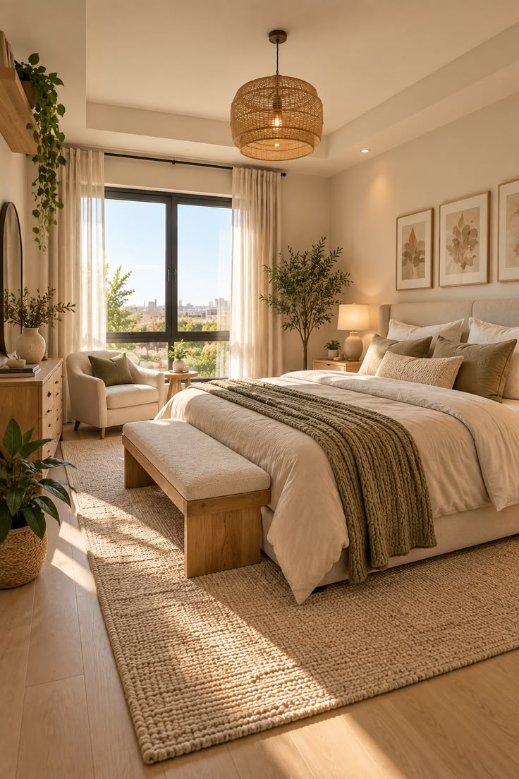 Warm neutral bedroom styled for relaxation