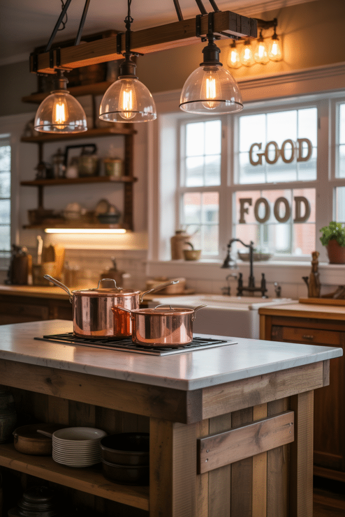 Statement lighting adding warmth to a farmhouse kitchen