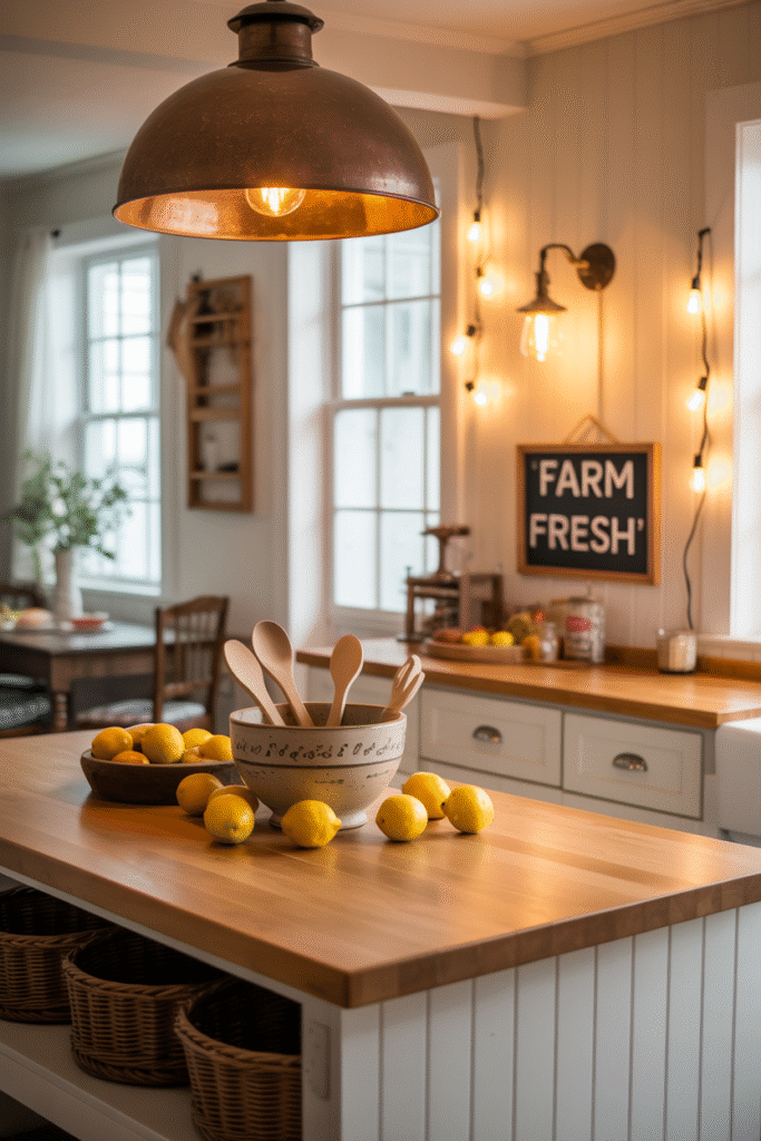 Warm-toned lighting completing a cozy kitchen atmosphere